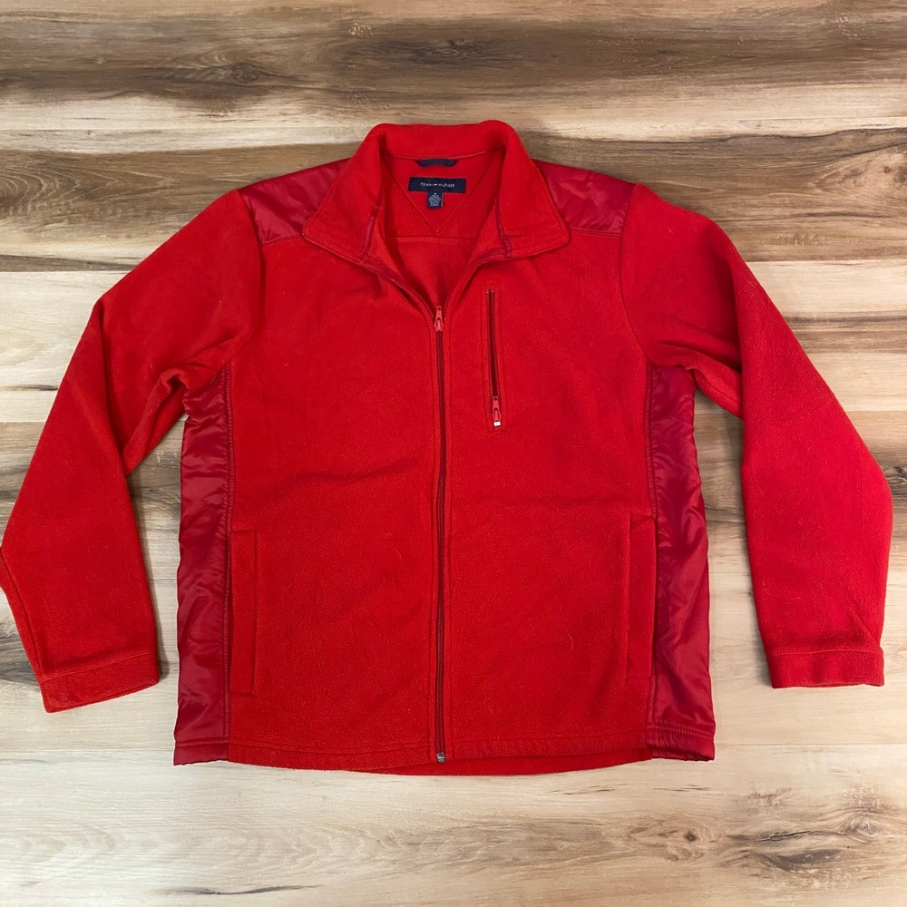 Tommy‎ Hilfiger Red Fleece Full Zip Jacket Men's Medium Nylon Trim